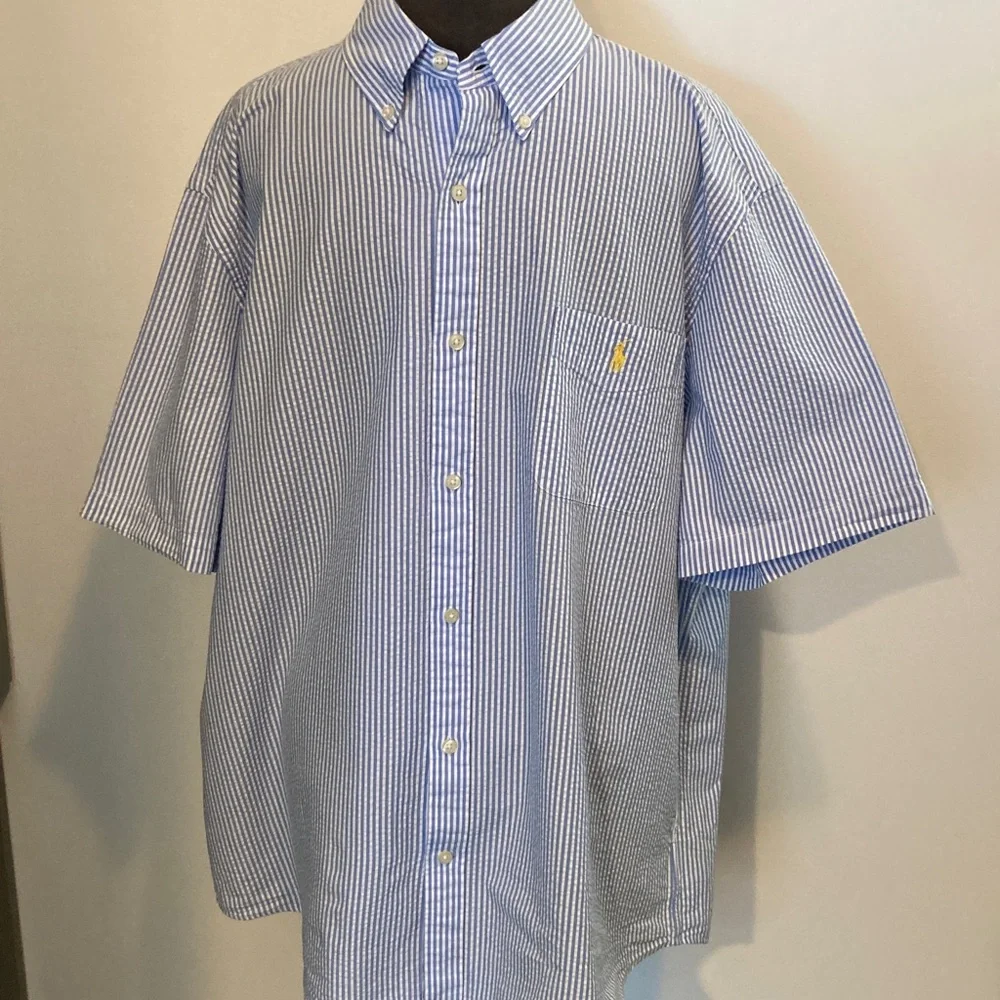 Polo Ralph Lauren Blue & White Seersucker Short Sleeve Button Down Shirt S382